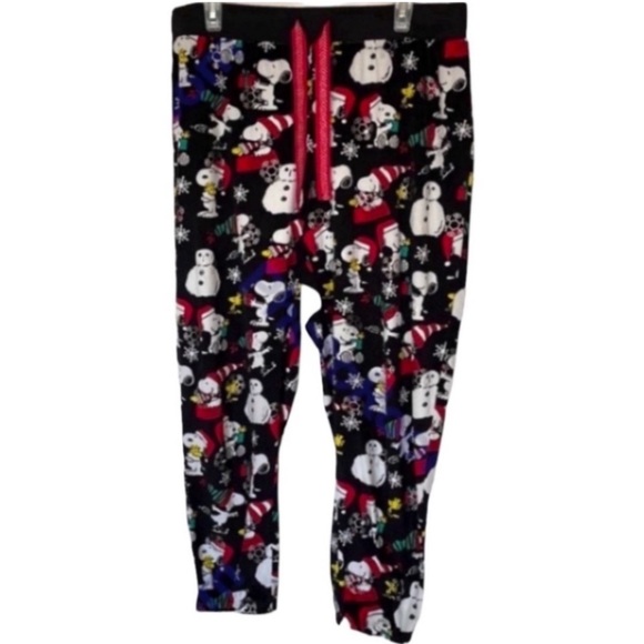 Peanuts Snoopy Christmas Pajamas Joggers Lounge Pants PJ Bird Black Red White L - Picture 1 of 16